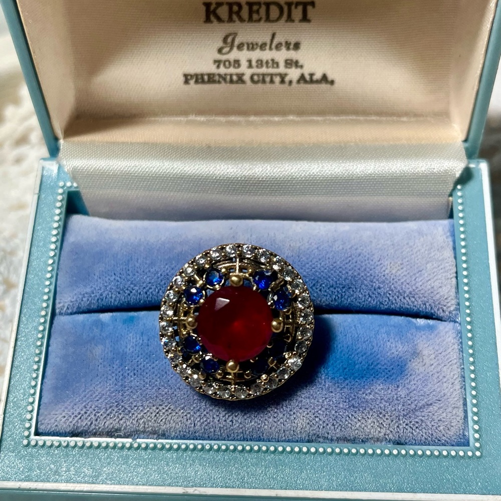 Sterling Oversized Sapphire and Ruby Ring 7.5
